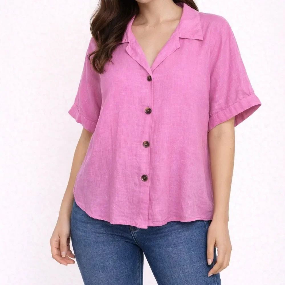 CP Shades Pink Linen Button-Up Women's Blue Top Lagenlook Beach Costal Sz XL